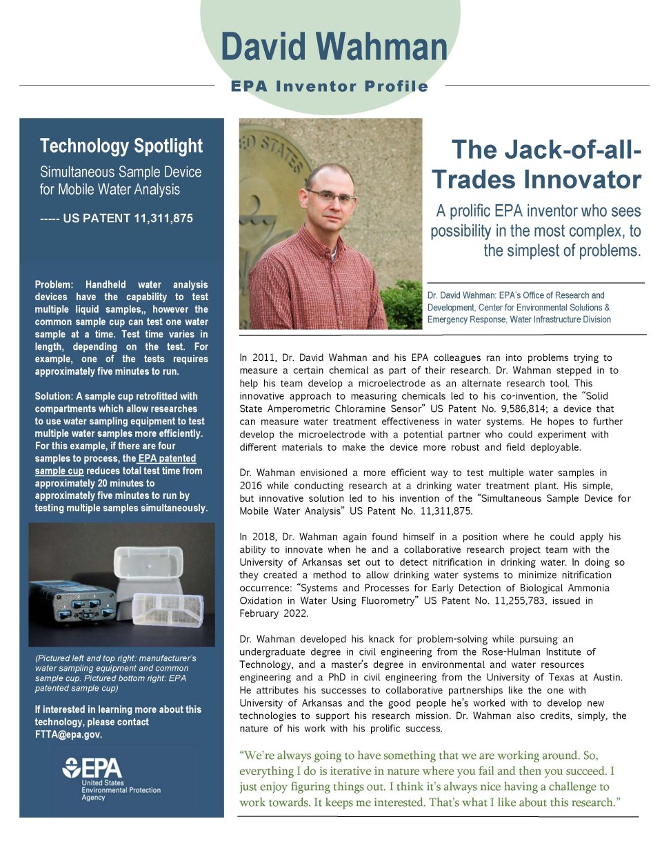 EPA Inventor Profile - Dr. David Wahman