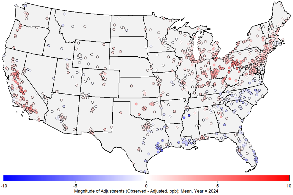 Map of 2024 met adjusted mean ozone concentrations