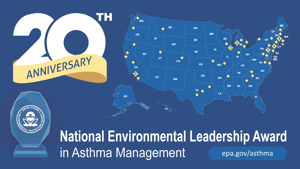 Map of past asthma award winners with text celebrating the 20th anniversary of the awards