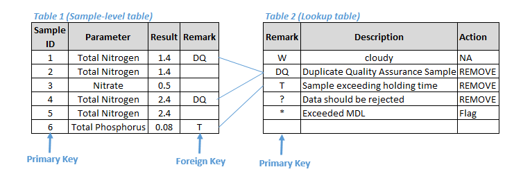 An example of sample-level and lookup relational tables with the primary keys and foreign keys identified.
