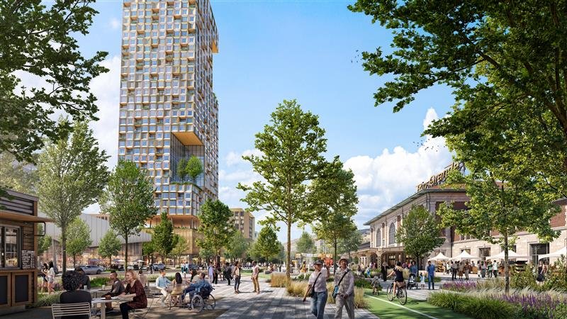 Renderings from Salt Lake City's Community Revitalization Agency's Rio Grande Plan: Green Loop. Renderings show a city square filled with people, businesses and trees.