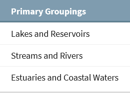 Primary Groupings: 1. Lakes and Reservoirs 2. Streams and Rivers 3. Estuaries and Coastal Waters