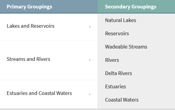 Secondary Groupings: 1. Natural Lakes and Reservoirs 2. Wadeable Streams, Rivers and Delta Rivers 3. Estuaries and Coastal Waters