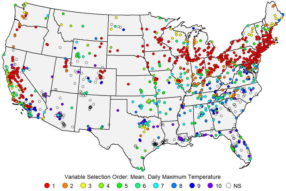 Map showing model selection of daily max temperature