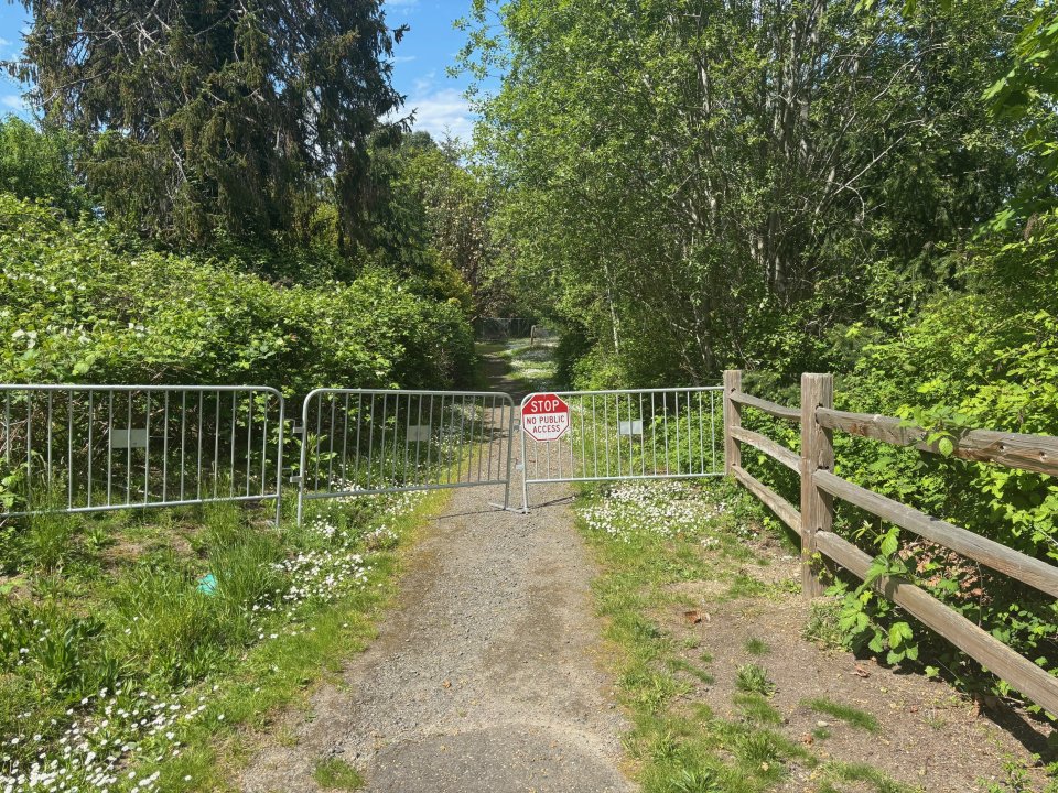 Gravel path with temporary fence blocking access to forested area beyond.