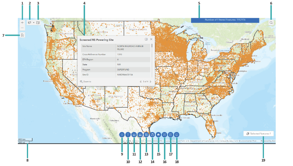 A screenshot of the RE-Powering Mapper tool with visual indicators labelling each interactive item on the screen
