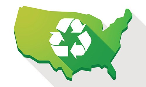 Simple map of the United States of America with white chasing arrows over top.