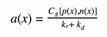 Example equation for estimating periphyton biomass, where: (Cg [p(x),n(x)]) = nutrient-dependent, periphyton growth rate under ambient light and temperature conditions at distance x; p(x) = available phosphorus concentration at distance x; and n(x) = available nitrogen concentration at distance x.
