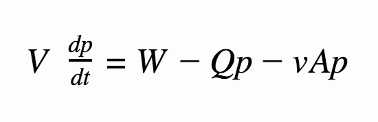 Example phosphorus budget equation, where: V = volume, p = TP concentration, t = time, W = loading, Q = outflow, v = an apparent settling velocity, and A = surface area. Note, this example shows phosphorus budgets, but could be adapted for nitrogen budgets too.