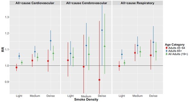 As smoke density increased from light to medium to dense the risk of emergency department visits increased with risk being the greatest for adults 65 years of age and older across all outcomes examined. However, there was limited evidence of an increase in cardiovascular and cerebrovascular emergency department visits for adults 45 to 64 years of age.