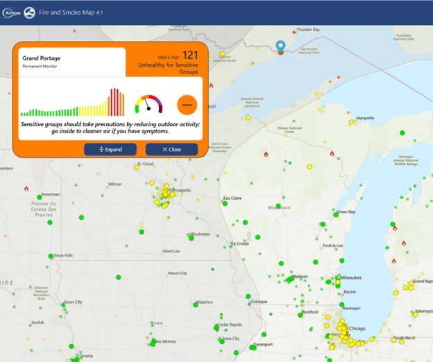Example from Fire and Smoke presenting current air quality data, air quality trends and cautionary statement.