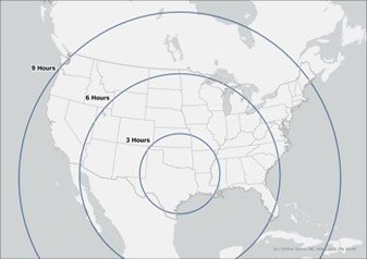 a map showing where ASPECT could be deployed in 3, 6, and 9 hours