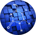 blue-themed round graphic with chemical formula and structure displayed