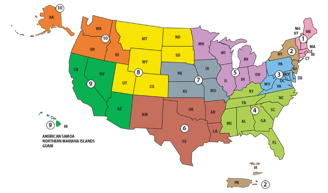 Map of US, split into EPA Regions