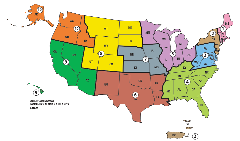 How the EPA divides states and territories into 10 "regions." 