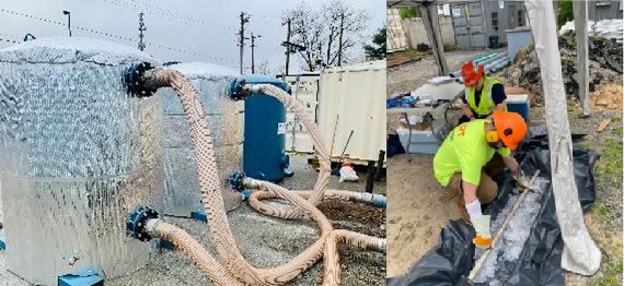 Large carbon vessels on left and on right EPA contractors collecting soil samples at the Hockessin Groundwater site. 