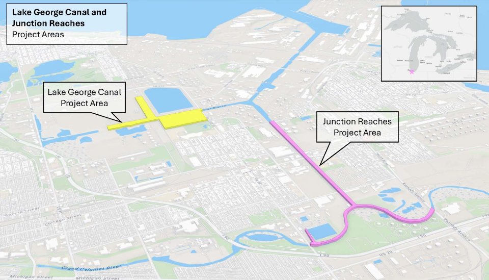Map showing the two project sites in the Indiana Harbor and Ship Canal and Grand Calumet River