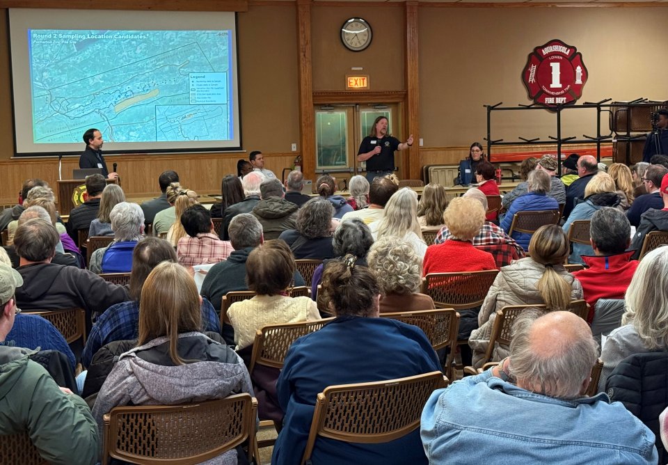 EPA representatives speak to a crowd during a public meeting in rural Pennsylvania