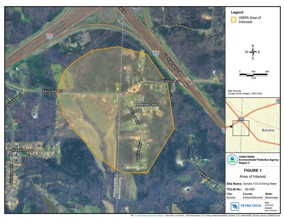 Area of interest in Byhalia, Mississippi, where EPA is conducting sampling and response activities related to private  water well contamination.