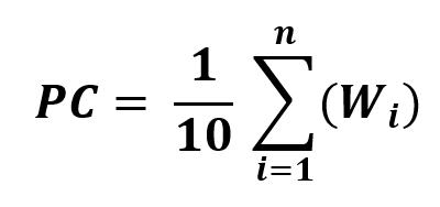 PC equals one tenth the sum of Wi for n-quantity of surface water bodies