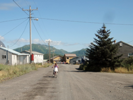 a view from a dirt road in an Alaska village