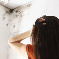a woman holding the sides of her head in shock as she looks at a large spread of mold on her wall and ceiling