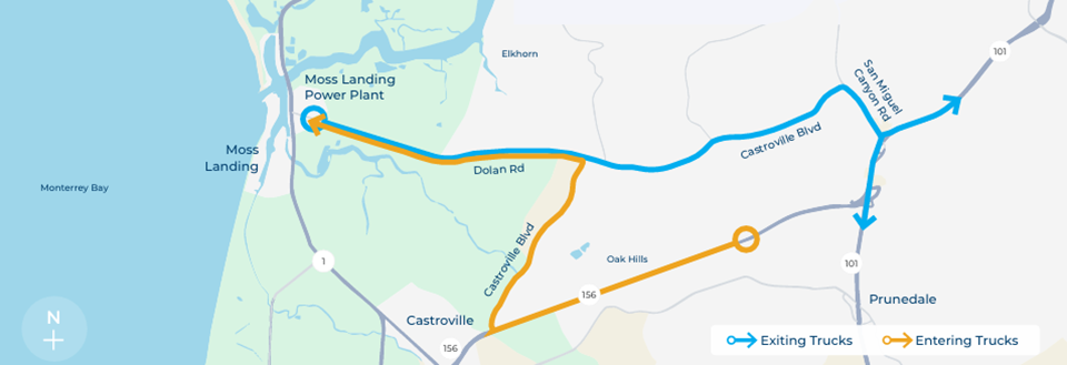 Map of Moss Landing trucking routes found to be the best options for trucks entering and leaving the site