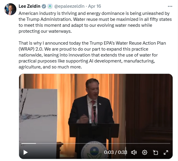 EPA Administrator Lee Zeldin X post highlighting WRAP 2.0 announcement.