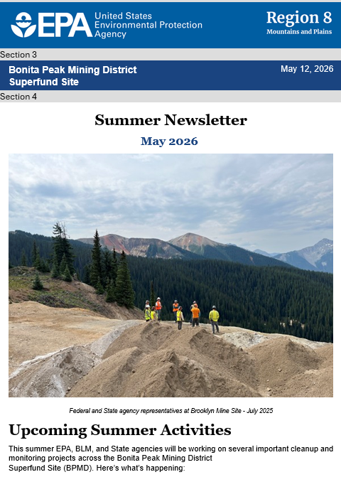 Bonita Peak Gov Delivery newsletter cover showing working crews at Brooklyn Mine Site on a cloudy day