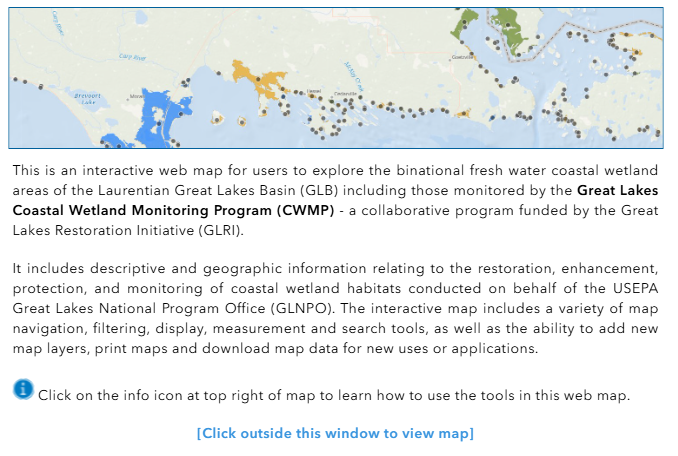 Interactive web map for users to explore the binational fresh waster costal wetland areas