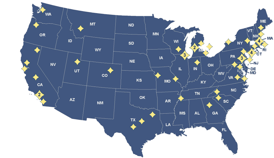 a United States map with gold makers where Asthma Leaders Recognition winners are located