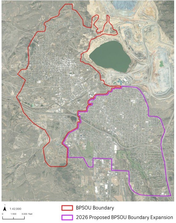 Red line showing existing and purple line showing proposed modification