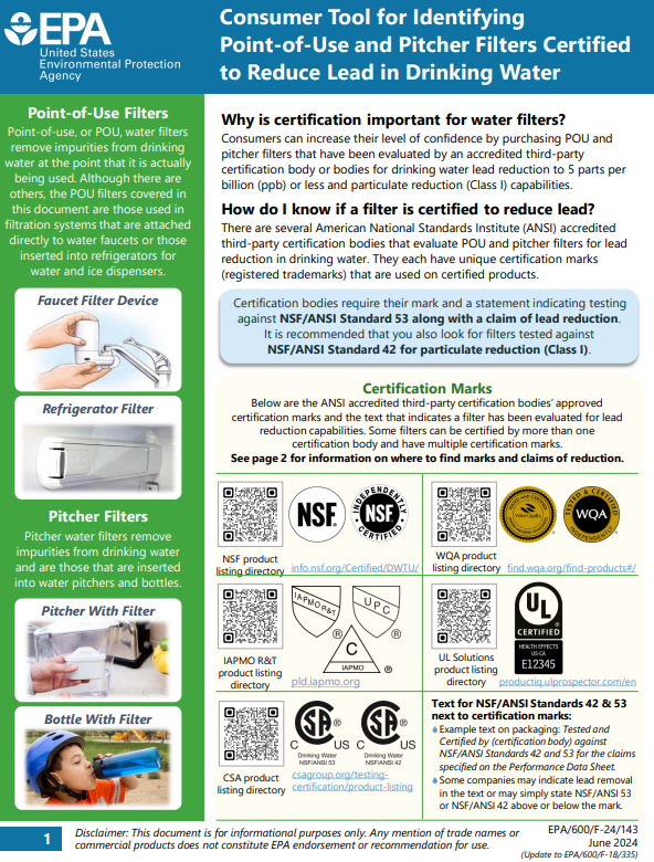 Consumer Tool for Identifying Point-of-use and Pitcher Filters Certified to Reduce Lead in Drinking Water Cover