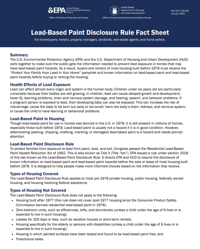 Lead-Based Paint Disclosure Rule Fact Sheet cover