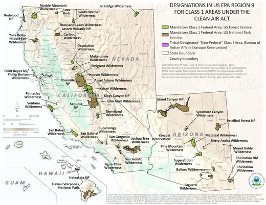 Map displaying Federal Class 1 Areas in EPA's Pacific Southwest (Region 9)