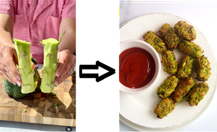 Broccoli stocks being converted into falafel