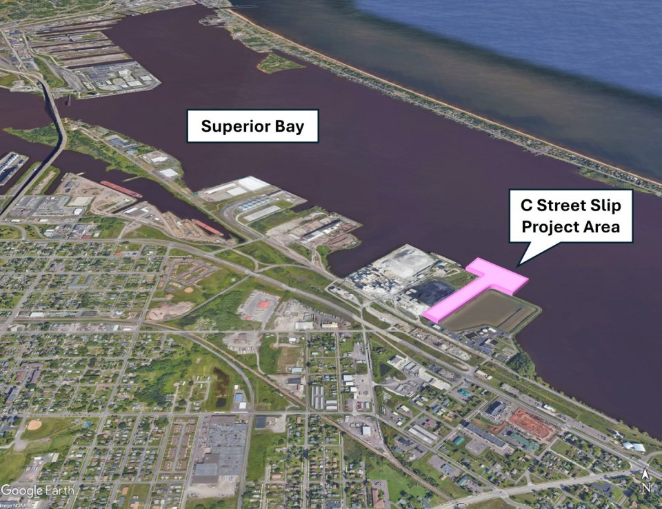 Overhead map of Superior Bay showing the project area of the C Street Slip project: a working slip located between an industrial area and a wastewater treatment plant