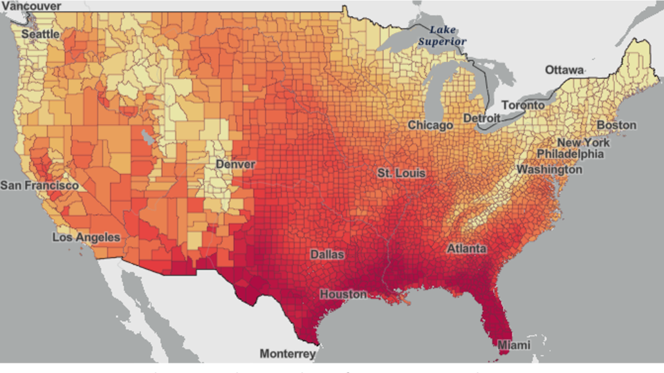 Map Depicting Change in the Number of Days Over 95° F, Increase of 5.4° F
