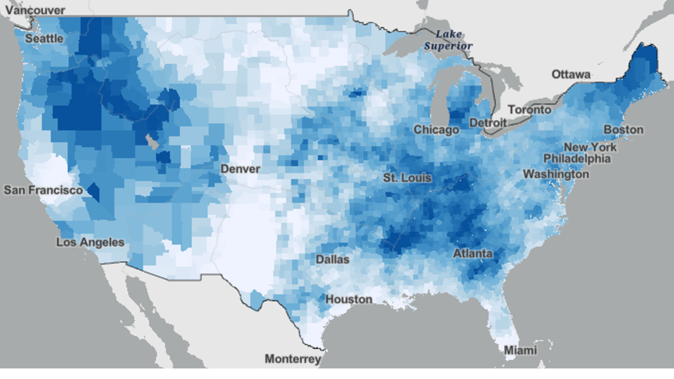 Map indicator change in days with extreme precipitation based on a 5.4° F increase in global temperature