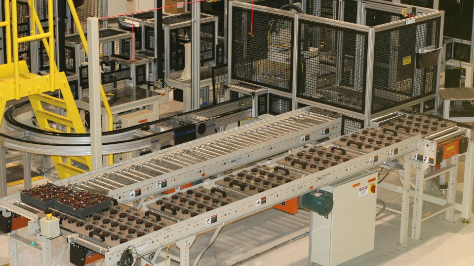 A conveyor belt inside a factory.