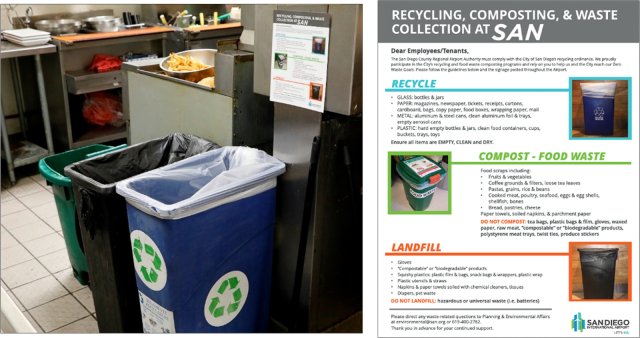 An image of a food/compost bin at an airport with signage for how to properly dispose of waste. 