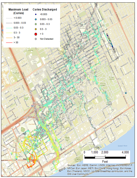 Screenshot of a map showing predicted drainage pathways of cesium-contamined stormwater