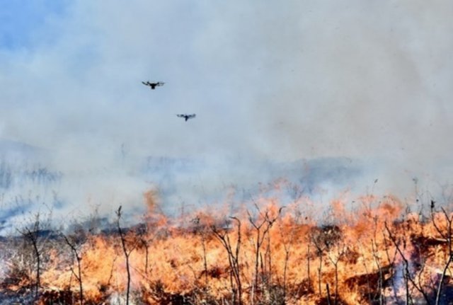 drones flying into a fire