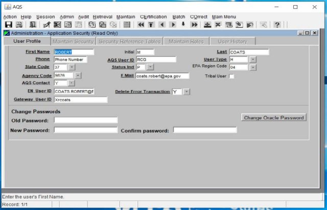 screenshot of the AQS user profile form