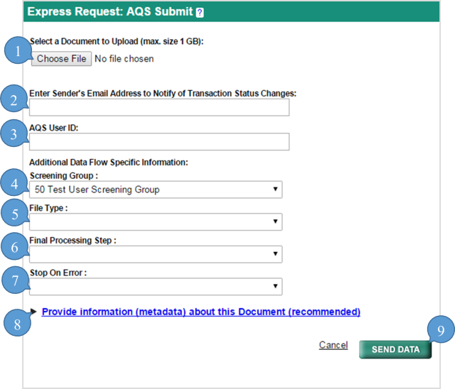 screenshot of the ENSC file submission page with each field identified