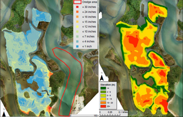 Side-by-side maps of the project area showing marsh elevations before and after sediment placement.