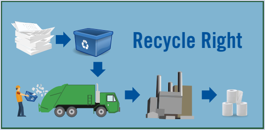 This is a series of images showing what happens to paper when it's put into a recycling bin. A recycling truck takes it to a recycling facility where it's recycled into toilet paper.