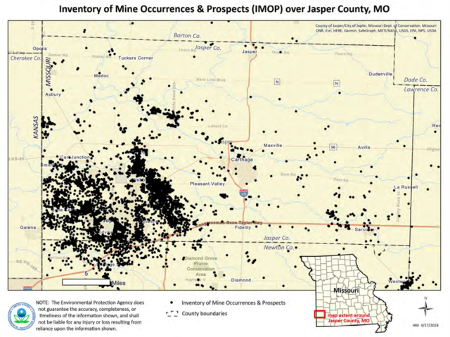 Map showing mine occurrences and prospects over Jasper County, Missouri