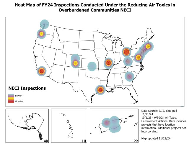 Heat Map of FY24 inspections conducted under the Reducing Air Toxics in Overburdened Communities NECI.