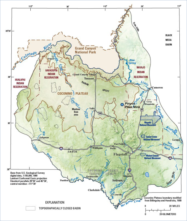 Location and geographic features of the Coconino Plateau, Coconino and Yavapai Counties, Arizona and the Pinyon Plain Mine